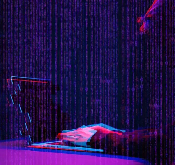 Hezbollah Channel image if a coder with matrix like code overlay.